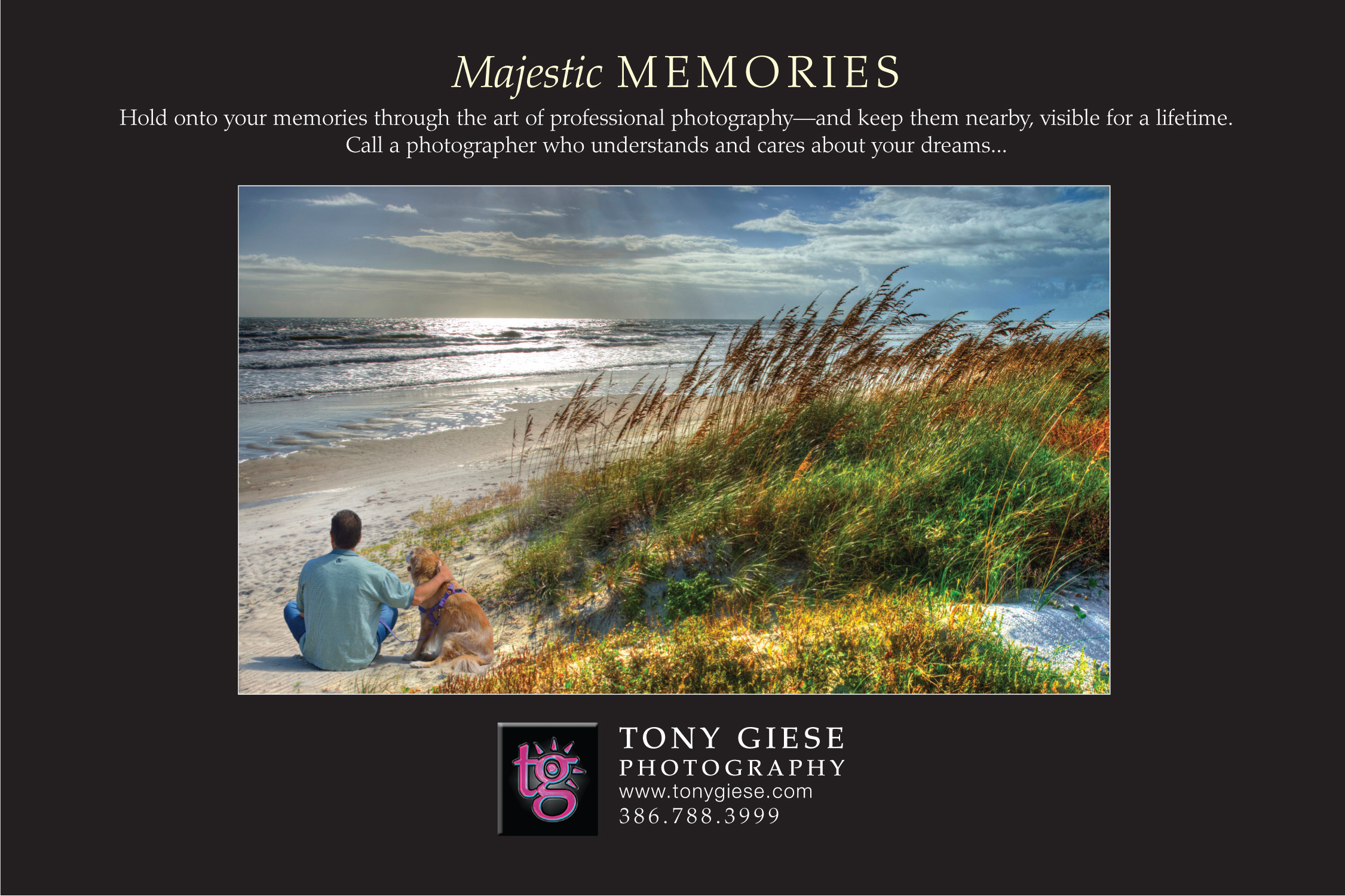 Tony and his golden retriever enjoying a Daytona Beach ocean view near a dune sea oats.