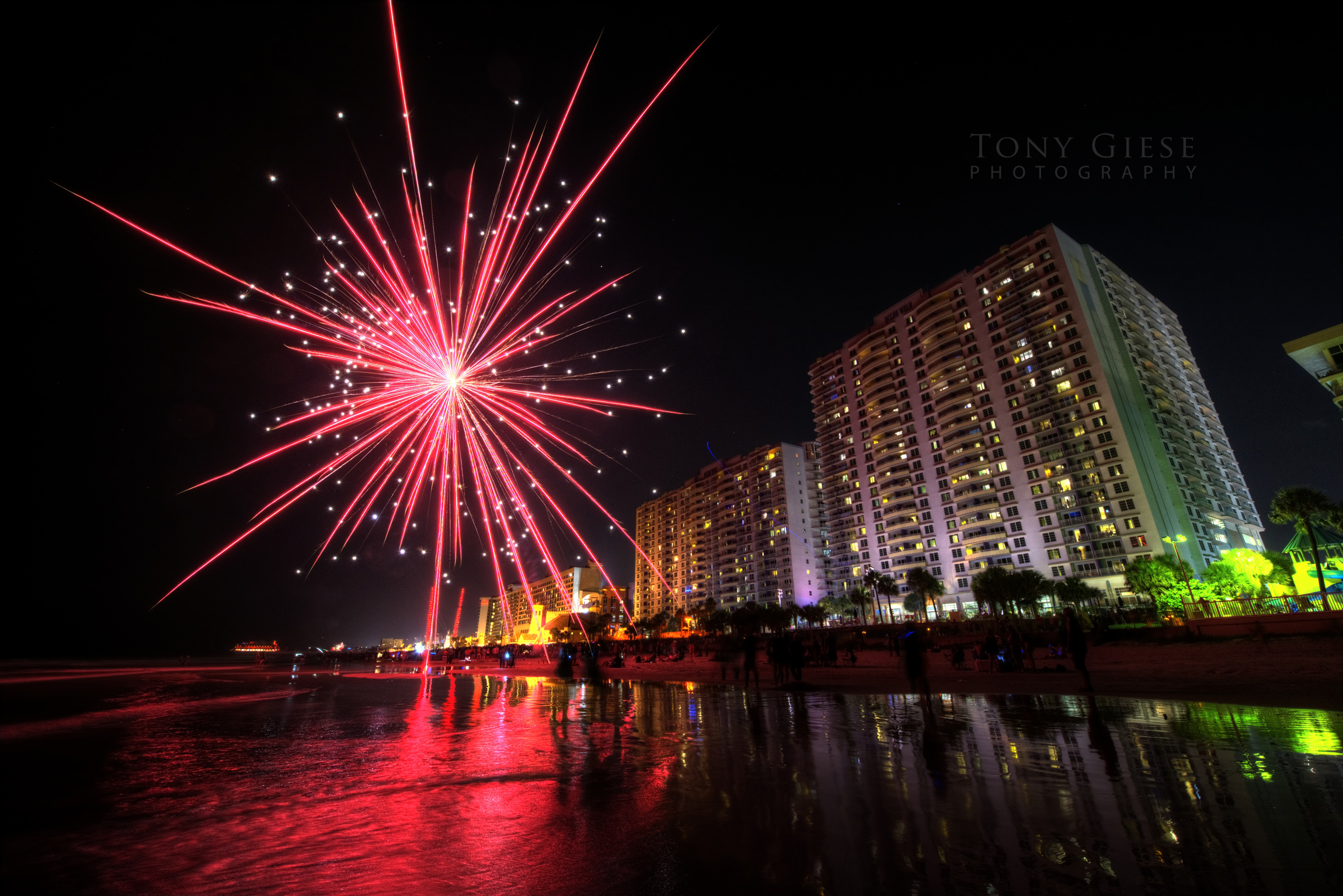 Fireworks on Daytona Beach in front of Wyndham Ocean Walk resort.